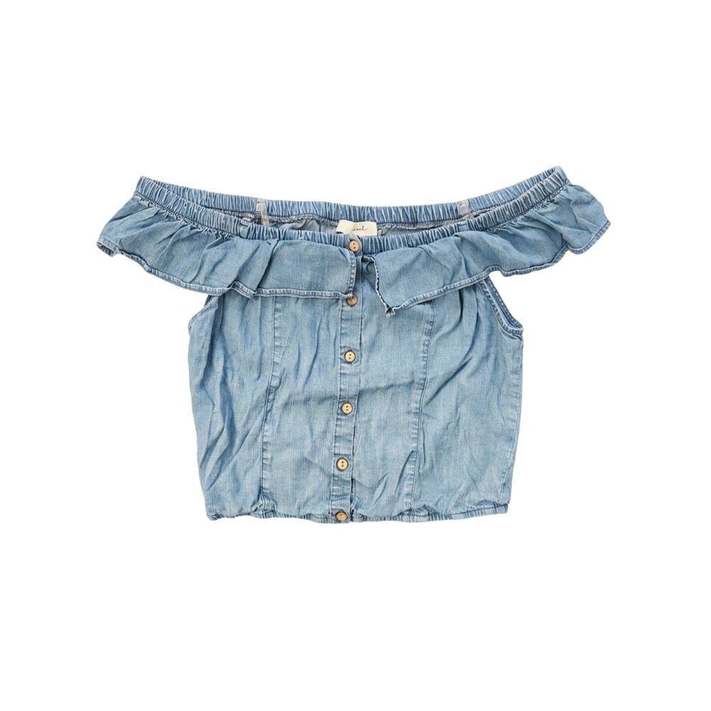 Becaal Vintage Vibe Chambray Off The Shoulder Ruffle Crop Top Denim Women Small